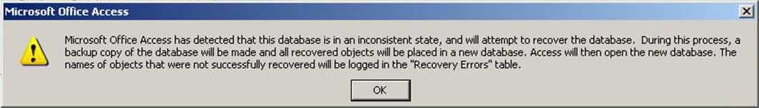 Microsoft Office Access has detected that this database is in an inconsistent state...